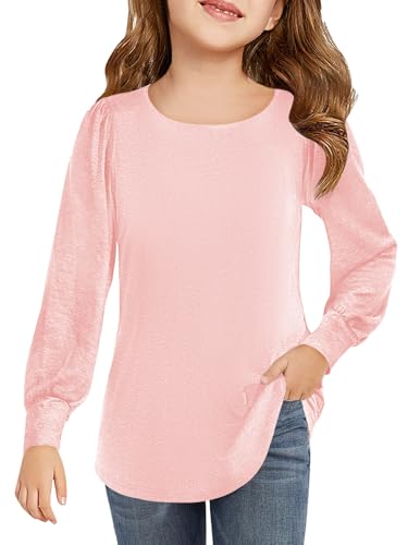 Image of Haloumoning Girls Puff Long Sleeve Shirts Fall Tops 5-14Y | Casual,Solid Color,Crewneck, Soft, Tunic Tops Blouse,Kids Long Sleeve T Shirt,,Fashion Clothes