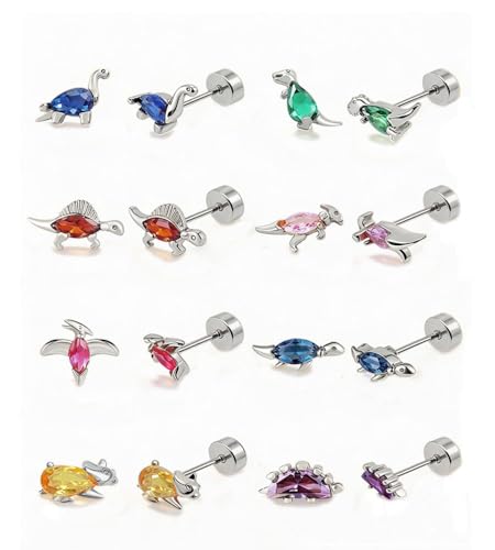 Ngiftey 8 Pairs Hypoallergenic Screw Back Stud Earrings 20G Surgical Stainless Steel Flat Back Earrings Designed for Sensitive Ears Cute Dinosaur Cartilage Earrings for Women(Silver Plated)
