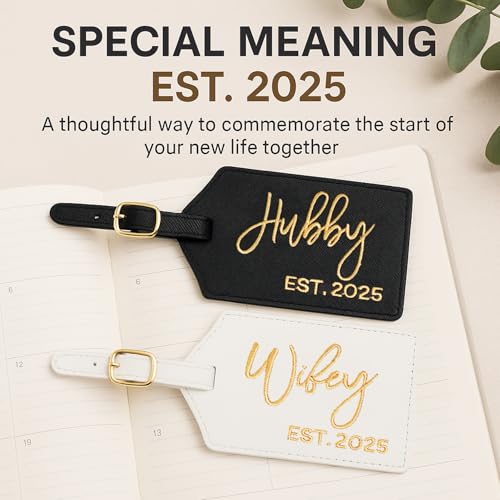 Hubby and Wifey Embroidered Luggage Tags, EST. 2025 Wedding Gift for Couples, Honeymoon Suitcase Tags, Travel Accessories, Bag Tags, Bridal Shower Engagement Gifts (Est 2025)4
