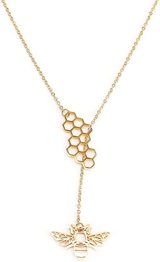 Winssigma 18K Gold Stainless Steel Bee Honeycomb Necklace, Star Moon Necklace Dinosaur Necklace spider Necklace Adjustable Y Lariat Necklace for Women