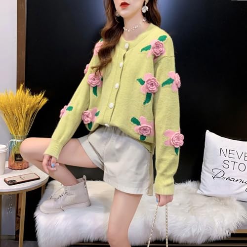 Image of FindThy Women's Kawaii 3D Floral Cardigan Long Sleeve Crewneck Knit Cardigan Sweaters