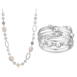 BULINLIN White Long Sweater Chain Necklace Beaded Wrap Bangle Pearl Bracelet Set