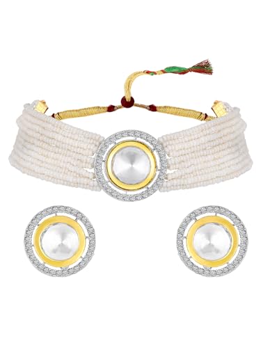 Image of ASMITTA Jewellery White Kundan Pearl Choker Necklace Set for Women with Earrings Bridal Jewellery Set for Wedding & Traditional