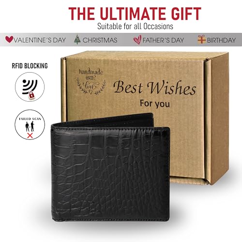 Image of HATA Men Leather Wallet Croc RFID Blocking Front Pocket AIIigator Handmade Gift For Birthday Wedding Anniversary Father's Day