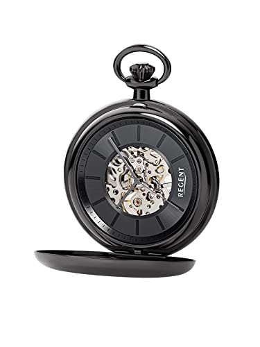 Regent Herren Taschenuhr Handaufzug Mechanisch Skelett Glasboden Gun Metal IP P-617