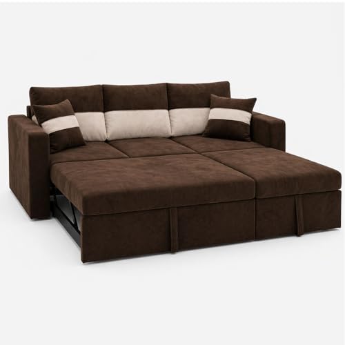 Image of FURNY Soria 4 Seater RHS Lounger Sofa Cum Bed (Dark Brown - Cream) with Pull-Out Function | Luxury Velvet Suede Finish | Durable Comfort | Ideal for Living Room