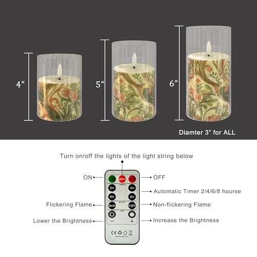 Image of Flickering Flameless Candles Pink Floral, Embedded Star String Lights, Battery Operated Acrylic LED Pillar Candles with 11-Key Remote and Timer for Home Decoration, 3 Pack