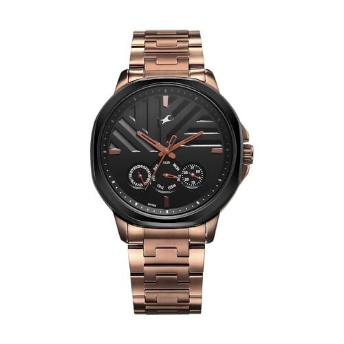 Image of Fastrack Fleek Quartz Multifunction Black Dial Brown Stainless Steel Strap Watch for Guys - NT3303KM02