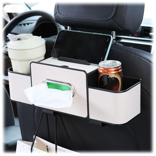 Car Multifunctional Seat Back Waterproof Storage Bag, Universal Headrest Hanging Seat Back Storage & Tissue Box, Automotive Backseat Snack Organizer Cup Holder Tray for Most Vehicle (Beige)