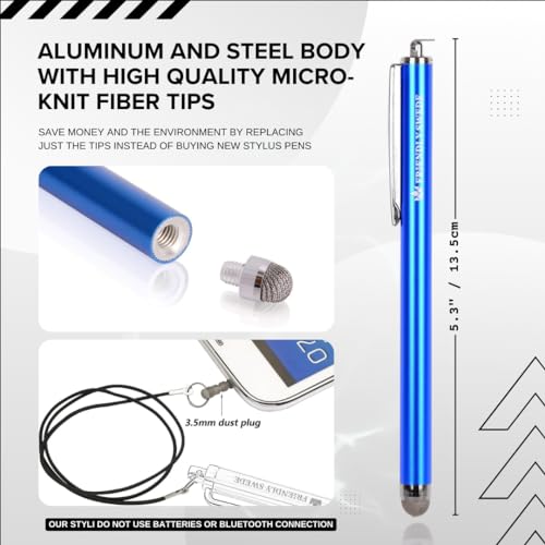 The Friendly Swede Set of 3 Fiber Tip Stylus Pens for Touch Screens, Stylus Pen for iPad, iPad Pen, iPad Stylus - Retail Packaging - Incl. 6 Lanyards - Silver/Aqua Blue/Green/Dark Blue/Yellow/Black