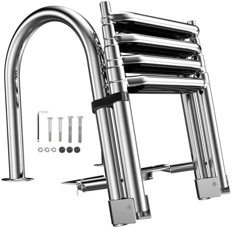 Pontoon Boat Ladder, Stainless Steel Folding Telescoping Rear Entry Deck Ladder, Heavy Duty for Boat Yacht Pool
