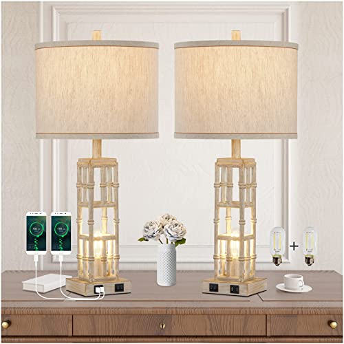 Rustic Farmhouse Bamboo Iron Table Lamps Set Of 2 With Night Light White Washed Finish Round Shade Dual Usb Charging Ports Dual Mini On/Off Rocker Switch Lamp For Living Room Bedroom Home Office #TOP17