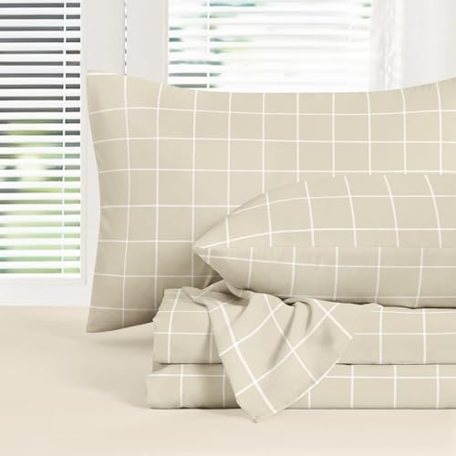 Wake In Cloud - Geometric Bed Sheets, 4-Piece Sheet Set, Checkered Grid Plaid Check Checker Gingham Preppy Aesthetic Bedding, Deep Pocket, Taupe, Queen Size
