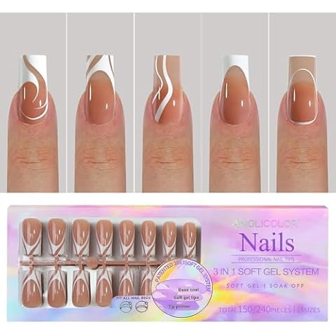 Anglicolor French Press on Nails - Skin Tones French Tip Press on Nails, Pre-Designed Swirl Soft Gel Nail Tips,Soak Off Acrylic Fake Nails Extensions for Nail Art DIY (AC-001, 150 PCS) Cover