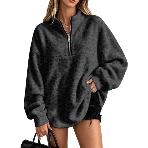 Half Zip Pullover Women Leopard Flannel Sweatshirt Warm Pullover Tops - image 1