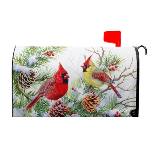 Image of Winter Birds Mailbox Cover with Magnetic Christmas Tree Holly Branches Red Berry Pine Cone Mailbox Wrap Post Cover Standard Size 21x18 Inch for Garden Yard Outdoor Patio Hew Year Decor