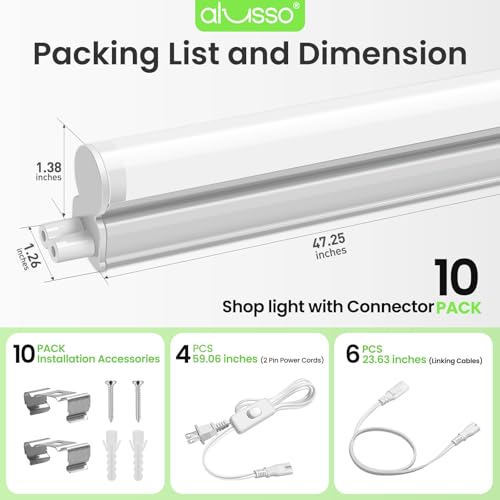 Image of ALUSSO 10 Pack 4FT LED T5 Shop Lights - Linkable Integrated Fixture, 2100LM, 3‑Color Selectable, 3000K /4000K /6500K Adjustable Color Temperature, Corded Electric T5 Single Fixture for Garage /Workshop
