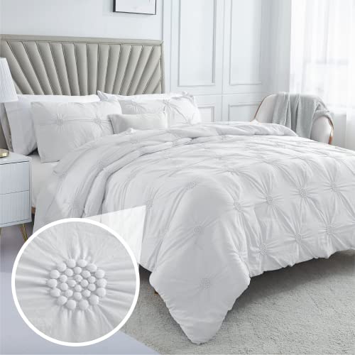 Image of Swift Home Full /Queen White Comforter Set - Ruched 3D Floral Pintuck Bedding Set - 3 Pieces Bed Linen, 1 Comforter and 2 Pillow Shams
