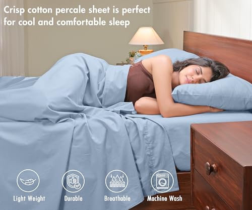 Image of RUVANTI 100% Cotton Percale Sheets California King - Crisp Cooling Summer Bed Sheets for Hot Sleepers, Deep Pocket 12 inch, Soft Peach Finish, Breathable & Durable Hotel-Style 4 Piece Set, Smoky Blue