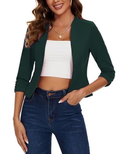 Womens Cropped Blazer 3/4 Ruched Sleeve Casual Work Office Open Front Lightweight Collarless Suit Jacket Blazer,Dark Green,L2