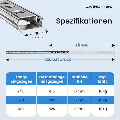 LIVING TEC® Schubladenschienen 310mm x 17mm Nut - 1Paar Gleitschiene inkl. Montageschrauben - Schubladenauszug - Schubladenauszüge - Auszugsschienen - Schienen für Schubladen Schienensystem - Auszüge