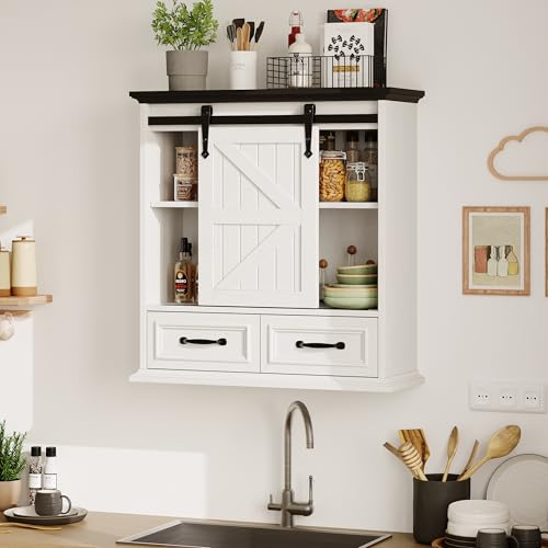 Image of FiveWillowise Bathroom Wall Storage Cabinet with 2 Drawers, White Floating Wall Mounted Medicine Cabinet with Sliding Door & Adjustable Shelves, Over The Toilet for Bathroom, Laundry Room, Kitchen