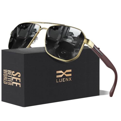Image of LUENX Aviator Sunglasses for Men Square Polarized Polygon Lens - UV 400 Protection with Accessories Driving Outdoor