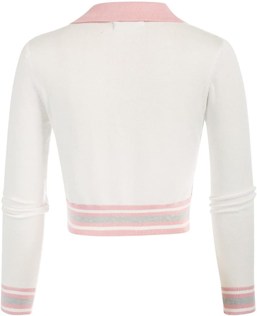Women Shrug Bolero Contrast Color Cardigan Sweater Lapel Collar V-Neck Button-Up Knitwear Shirt