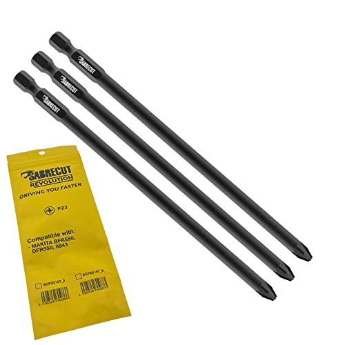 3 x SabreCut SCPZ2157_3 157mm PZ2 Autofeed Collated Drywall Screwdriver Gun Bit Single Ended PoziDriv POZI No.2 Heavy Duty Compatible with Makita BFR550 6843 DFR550
