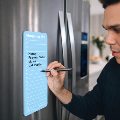 Image of 3 Lines Shopping List Fridge Magnet with Marker|Smart Planning & Shopping for Family, Working Professionals|Acrylic Magnetic Notepad for Kitchen Organisation|9x24 cms|Light Blueberry Color|Regular