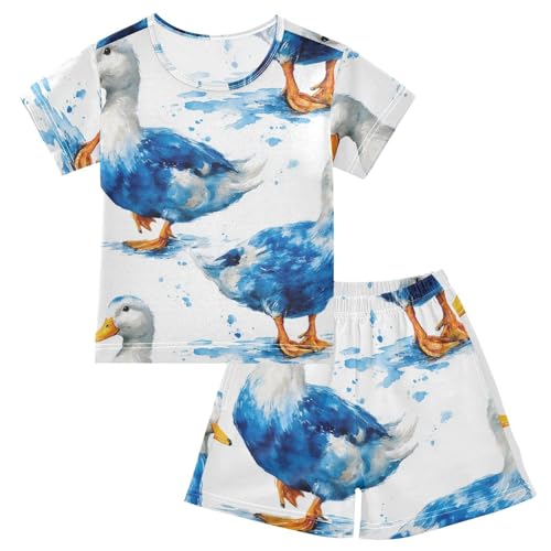 Pajama Short Sets Blue Ducks Walking Pattern Soft Cotton Summer Sleepwear 2 Piece PJS Size 5-14T