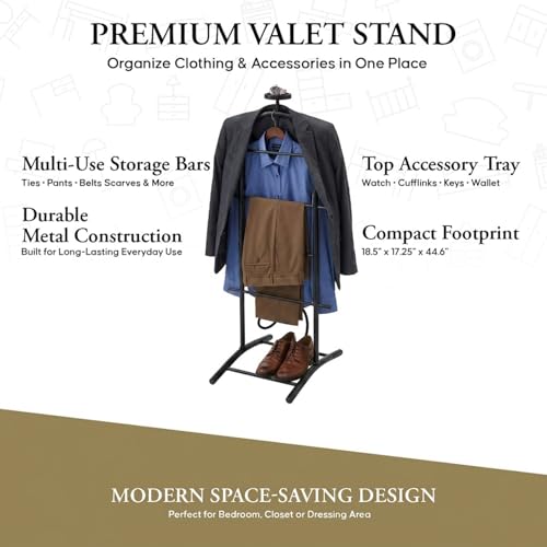 Image of Kings Brand Freestanding Metal Suit Valet Stand with Tie Bar, Black | Complete Clothing Organizer - Freestanding Valet Stand Organizes Jackets, Pants, Ties, Belts, And Accessories Neatly