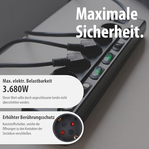 Brennenstuhl Steckdosenleiste einzeln schaltbar 6-fach mit 2-poligen Schaltern (Steckerleiste mit 1x Hauptschalter und 6x Geräteschalter, Mehrfachsteckdose 2m Kabel, erhöhter Berührungsschutz) schwarz