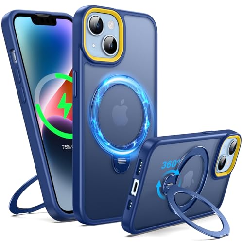 Coque iPhone 14 avec support rotatif 360 invisible et anneau magnétique bleu Supdeal