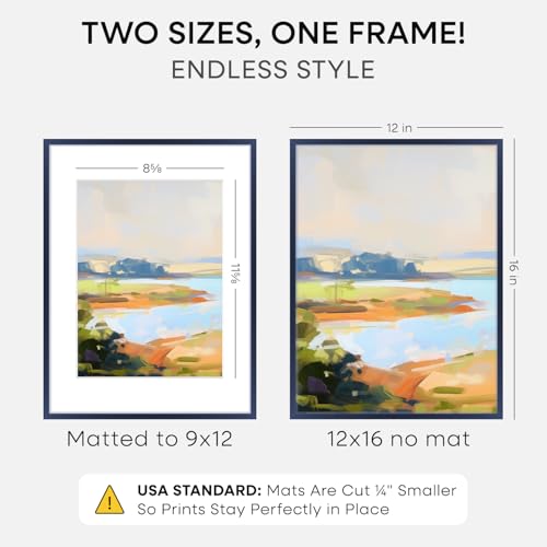 Image of Homeforia 12x16 Navy Blue Picture Frame, High End Metal 12x16 Poster Frames with Mat 9x12 Photo, 12 x 16 Navy Blue Frame Matted to 9 by 12 Print, 16x12 Thin Frames, Tempered Glass, Wall Kit, Set of 2