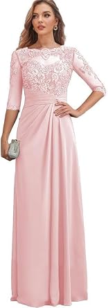 Mother of The Bride Dresses Chiffon Lace Applique Wedding Guest Dresses for Women Ruched Long Formal Evening Gown
