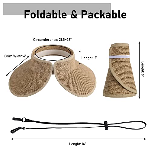 Beach Hats For Women Foldable Womens Visor Sun Hat Womens Wide Brim Hats For Women Fashionable Hats With Ponytail Hole On Top Uv Protection Fishing Hat, Natural #TOP5