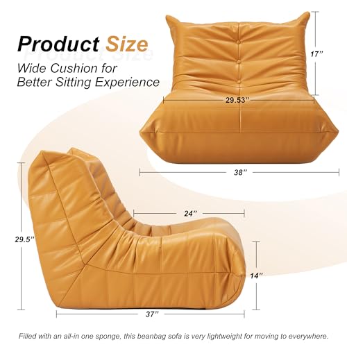 Hobestluk Giant Bean Bag Chair Lazy Floor Sofa, Memory Foam Fireside Sofa for Adults, Big Beanbag Faux Leather Armless Chair for Living Room Bedroom Dorm Office (Yellow, Single)
