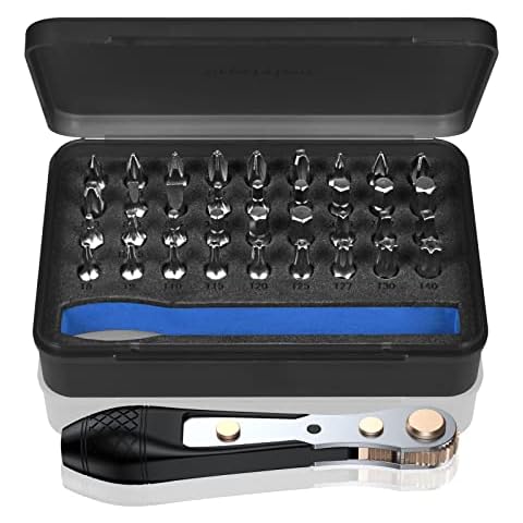 Steinwhale 37pcs Mini Ratchet Screwdriver Set with 1/4" S2 Steel Bits, 90 Degree Right Angle Screwdriver, 36-Tooth Low Profile Reversible Ratchet Wrench, Magnetic Bit Holder Quick Release Cover