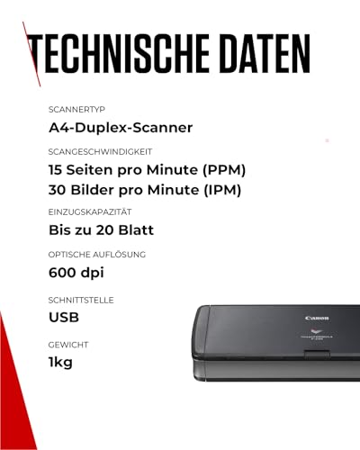 Canon P-215II imageFORMULA Scanner Dokumentenscanner (Duplex Einzug, 600 DPI, Farbscan, Canon CaptureOnTouch Software, Lite Presto! BizCard Reader, Reader PaperPort) schwarz, 9705B003