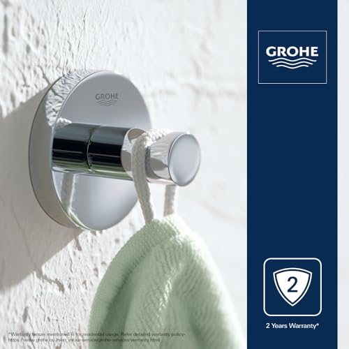 Image of GROHE Essentials Multi-Purpose Robe Hook | Wall Mounted | Robe Hanger /Bathroom Cloth LongLife Finish | Bathroom Accessories | Metal Construction | 2 Year Warranty | Chrome Finish | 40364001