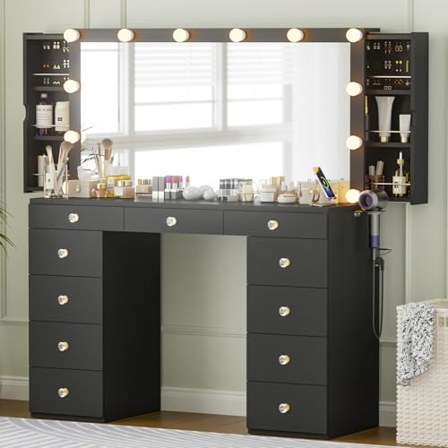 elifine Makeup Vanity Desk with Mirror and Lights, Black Vanity with Hidden Jewelry Storage Cabinet, Makeup Dressing Table for Bedroom with 11 Drawers, Crystal Knobs, 3 Lighting Modes for Women Girls