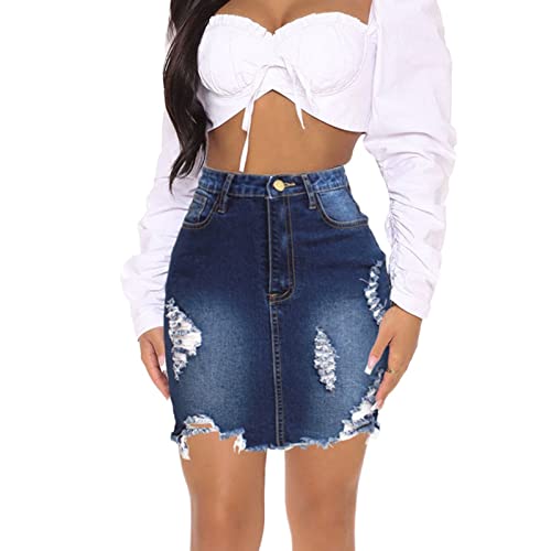 Women's Denim Skirt Women's Ripped Slim Denim Summer Skirt High Waist Casual Hip Skirt Summer