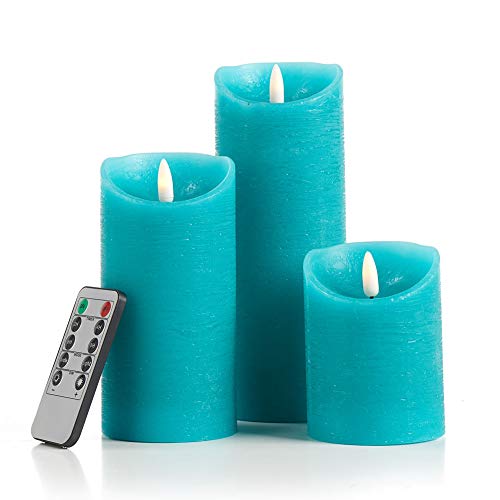 Glowiu Teal Candle Pillar Realistic Wick Battery Operated Candles Set Of 3 Single Slim Sphere Turquoise Candles Electric Home Decor With 10-Key Remote Multi-Function (3, H 4"6"8" X D3") #TOP1