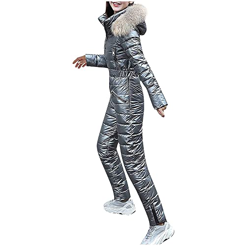 EnnUerporinKS Damen Kapuzen Daunenjacke Ski Onesie Overall Outdoor Sports Reißverschluss Schneeanzüge Pelzkragen Winter Warme Daunenmäntel Cover