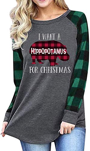 Womens I Want A Hippopotamus for Christmas Raglan Baseball Plus Size T Shirts Xmas Casual Long Sleeve Plaid Tees Tops (Green, 3X-Large)