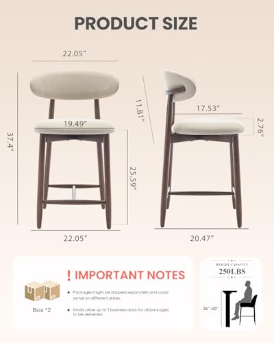 Image of COLAMY Counter Height Bar Stools Set of 3, Upholstered Barstools with Back, Mid Century Modern Stools with Wood Legs for Kitchen Island Dining Room, Beige