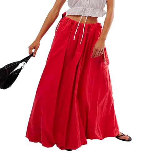 Awoscut Women Y2K Bubble Maxi Skirt Casual Low Waist Flowy A Line Long Skirt Summer Balloon Skirt with Pocket