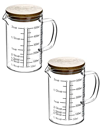 QWORK Glass Measuring Cup, 2 Pack 500ML (18 Oz, 2 Cup), High Borosilicate Glass Scale Cup with Handle and Durable Bamboo Lid, for Kitchen or Restaurant by QWORK - Used condition - Image 2