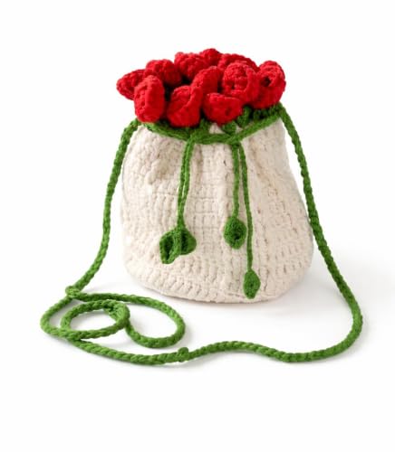 Image of Handmade Crochet Flower Crossbody Sling Bag for Women | Boho Knitted Bucket Shoulder Purse Rose Design